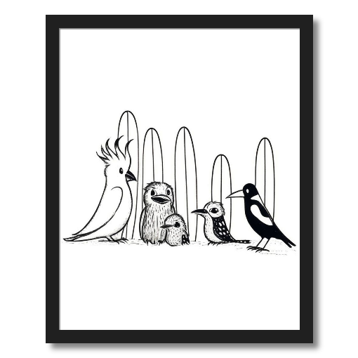 "Bird Board Meeting" – A Feathered Surf Squad